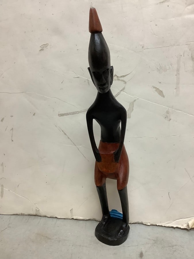 Hand carved wooden tribal statue man playing drums(13in.tall) (1 of 1)