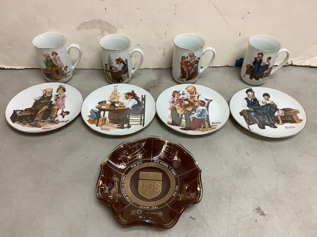 vintage UPS glass dish and norman rockwell cups (4in tall) and plates: vintage UPS glass dish and norman rockwell cups (4in tall) and plates