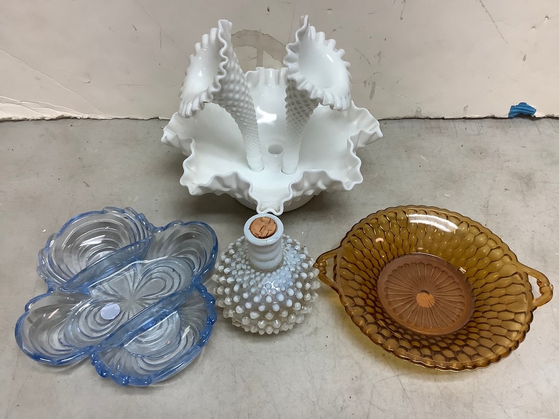 Fenton Milk Glass Epergne (9.25in Tall), Decorative Plates and more: Fenton Milk Glass Epergne (9.25in Tall), Decorative Plates and more