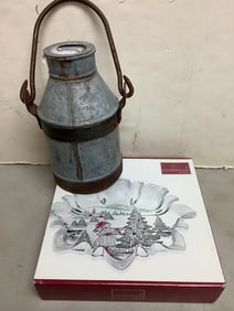 Mikasa glass plate and vintage milk can(12in.tall)