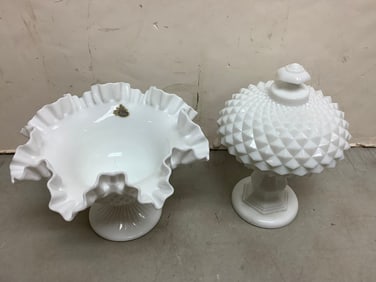 Fenton milk glass candy dishes(one with lid-tallest 9.5in.)