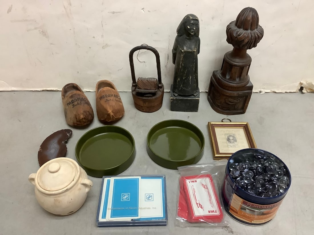 Wooden carved dutch shoes, Copco dishes, and more(tallest 10.5in.): Wooden carved dutch shoes, Copco dishes, and more(tallest 10.5in.)