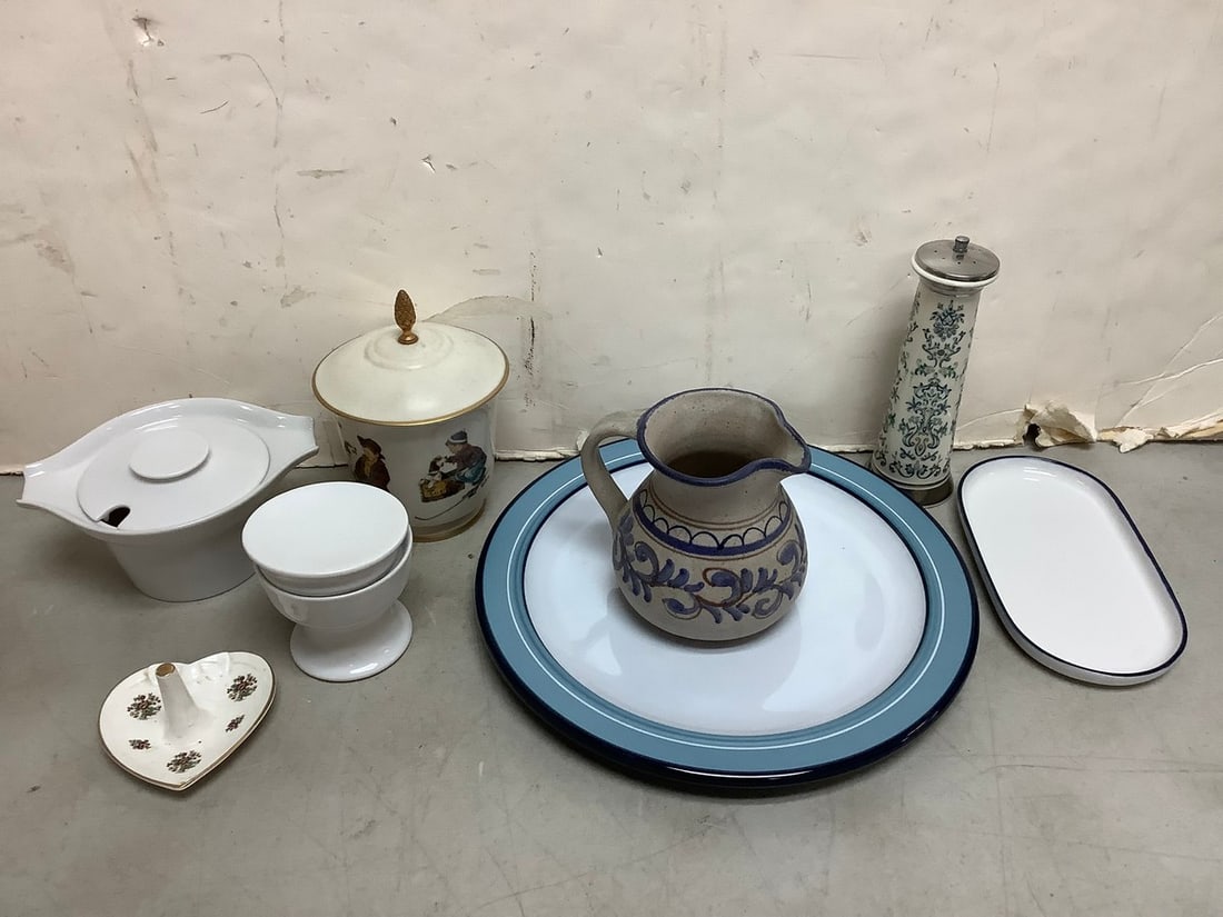 Stoneware pitcher, Gorham Norman Rockwell ceramic container with lid, and more(7.5in.tallest) (1 of 1)