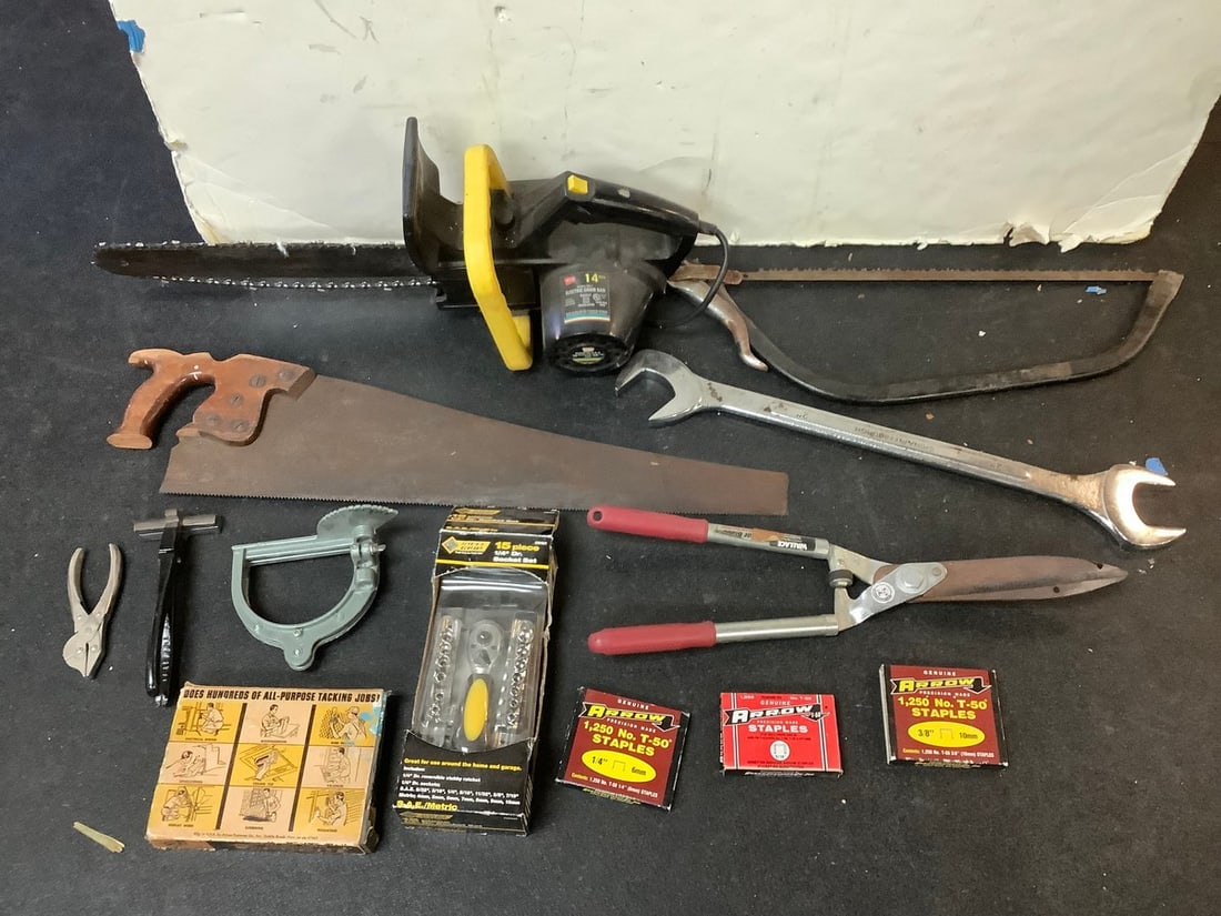 14in. electric chainsaw, staples, socket set, various saws, and more (1 of 1)