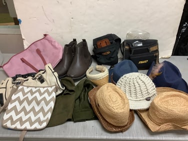 Various hats, AWP tool belt, face masks, and more