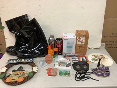 Weather Rite rainboots(size 11), masquerade masks, Office space kit, playing cards, and more