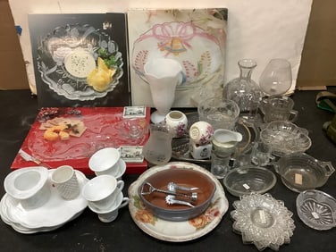 Milk glass cups, glass platters, chip and dip dish, and more(tallest 9in.)