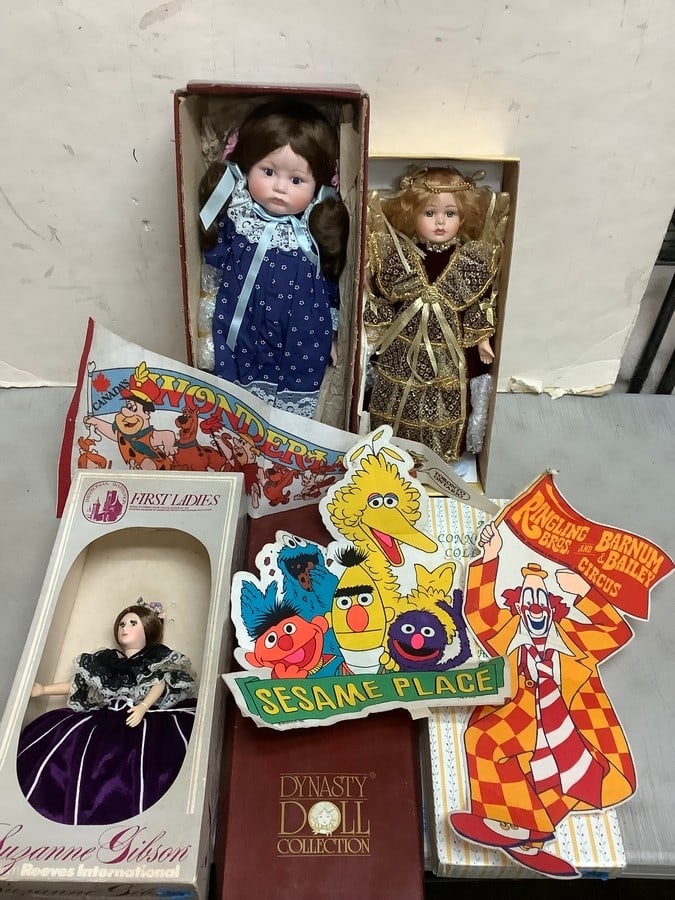 Various Ceramic Dolls (Reeves Int, Dynasty Dolls, etc) and Decorative Banners (Longest - 28.5in) (1 of 1)