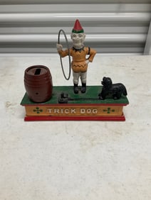 vintage cast iron dog and clown bank