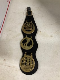 lot of 3 horse brasses on leather from england