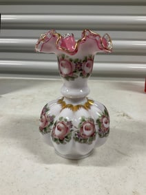 Fenton Art Glass HP Charleton Roses Gold Trimmed Vase Stands 6.5" tall