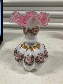 Fenton Art Glass HP Charleton Roses Gold Trimmed Vase Stands 6.5" tall