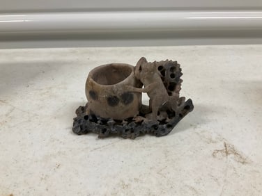 vintage chinese soapstone carved brush washer inkwell monkey dog 4x3"