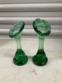 set of 2 MCM swing style glass bud vases each stand 7" tall