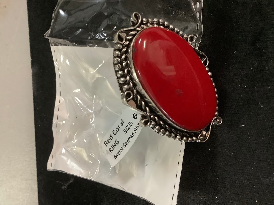 NEW german silver ring Red coral size 6 (1 of 1)
