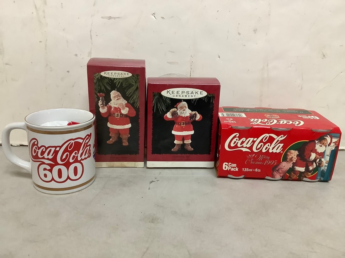 Keepsake coca-cola santa ornaments, coca-cola mug 3.5in tallest and more (1 of 1)
