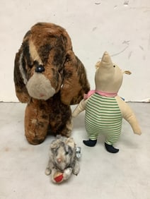 Vintage plush dolls and wind up toy