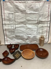 Vintage card table cover, wooden bowls, and more(8.5in.tallest)