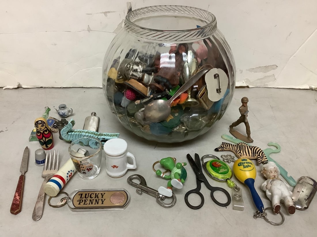 Glass Jar (7.5in Tall) with Various Trinkets, Keychains, Pins, and more: Glass Jar (7.5in Tall) with Various Trinkets, Keychains, Pins, and more