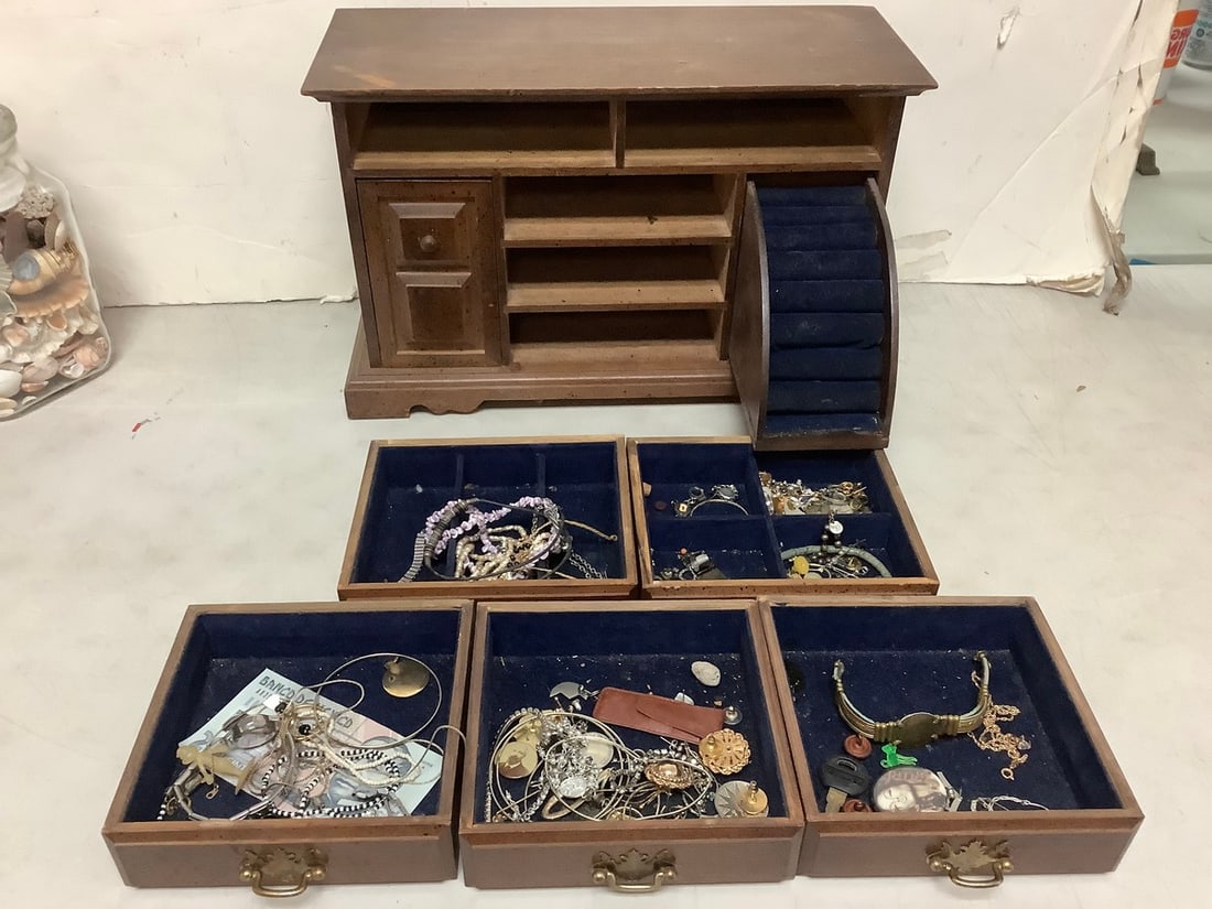 Wooden Jewelry Box (9.75inx15.75inx6.5in) with Various Jewelry Inside: Wooden Jewelry Box (9.75inx15.75inx6.5in) with Various Jewelry Inside