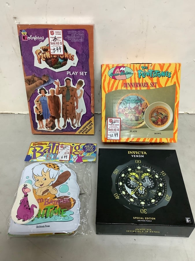 The Flintsontes dinnerware set, Invicta puzzle, Flinstones colorforms playset, and more: The Flintsontes dinnerware set, Invicta puzzle, Flinstones colorforms playset, and more