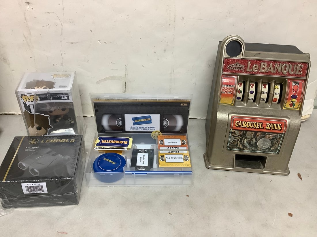 LeBanque slot machine(11in.tall), Blockbuster movie game set, Pop figure(new in box), and more (1 of 1)