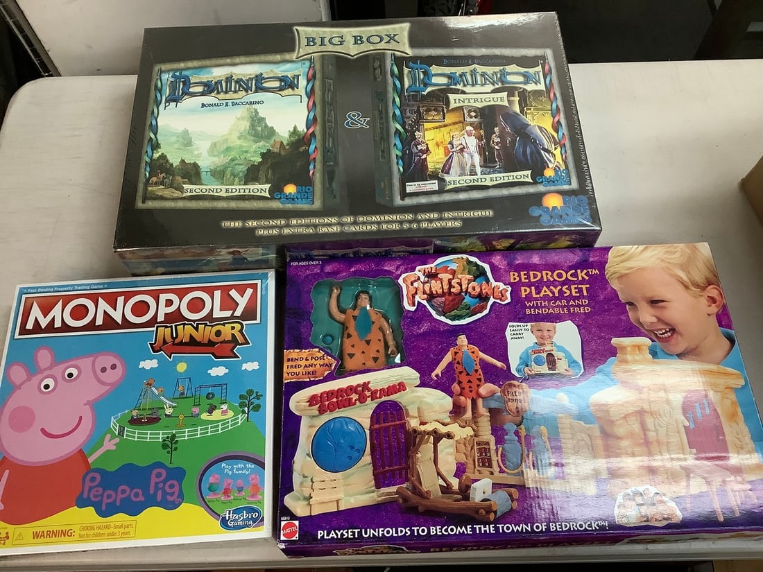 Peppa Pig Monopoly junior, The Flinstones bedrock playset, and Dominion game(all new in box): Peppa Pig Monopoly junior, The Flinstones bedrock playset, and Dominion game(all new in box)