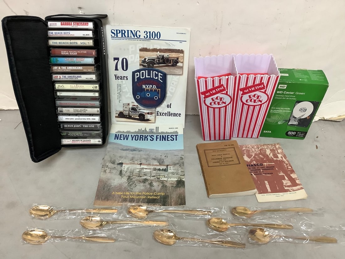 Popcorn Holders (8.5in Tall), Books, Police Magazines, Desktop Hard Drive(500gb), and Various: Popcorn Holders (8.5in Tall), Books, Police Magazines, Desktop Hard Drive(500gb), and Various Cassettes - with case