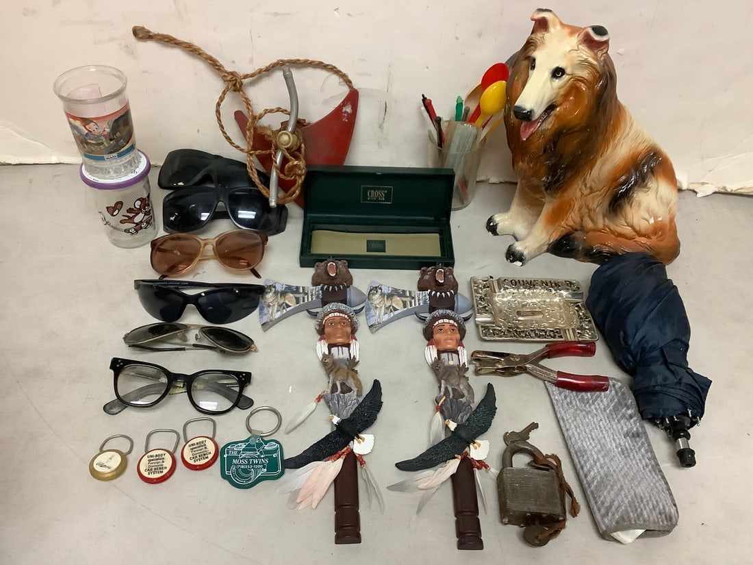 Sunglasses, Spirit Journey wall decor by Al Agnew, ceramic dog(11.5in.tall, damaged) (1 of 1)