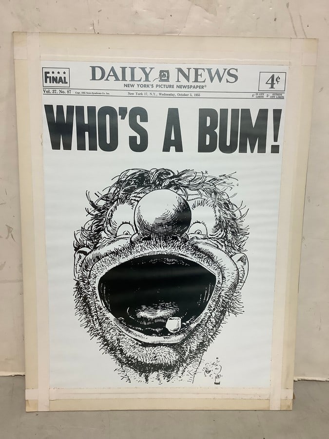 Daily News Whos a Bum black and white print on board(18in.x24in.): Daily News Whos a Bum black and white print on board(18in.x24in.)