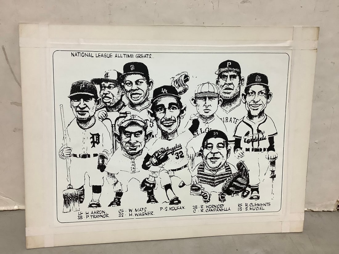 Black and white baseball cartoon comic print on board(18in.x24in.): Black and white baseball cartoon comic print on board(18in.x24in.)