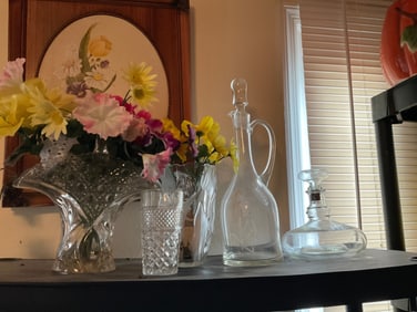 Lot of crystal vases, decanters and more 16in