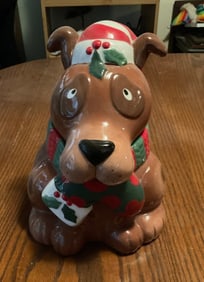 Holiday Christmas Puppy Dog Cookie Jar 10in