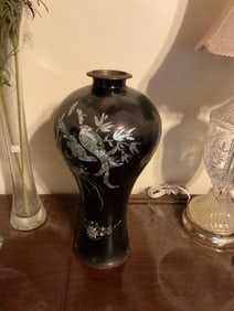 vintage black enamled brass cloisone abalone shell vase with bird15" tall