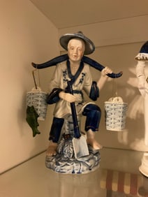vintage blue and white chinese "man and women" fisherman stands 12" tall