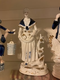 vintage blue and white eleco porcleain figurine wooden feeding chickens 13" tall