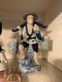 vintage blue and white chinese "man and women" fisherman stands 12" tall