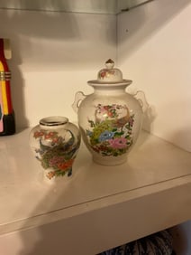 vintage asian orental double handeled chinese flower bird peacock vases tallest 9"