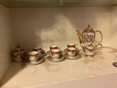 vintage inlaid set of 6 tea set made in china; tea pot stands 11" tall