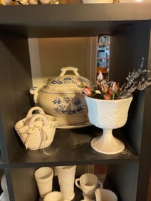 lot of serving dishes and milk glass