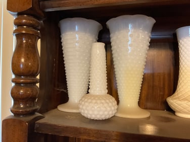 lot of fire king hobnial milk glass vases 10" tall