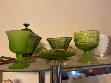 lot of various green glasswear depression glass and more