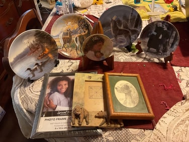lot of various decorative plates and picture frames