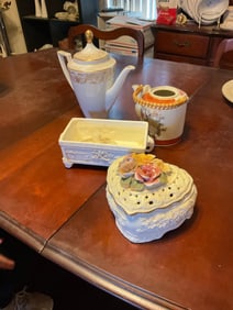 Satsuma Japan tea pot; golden chantilly tea pot, covered dish and more