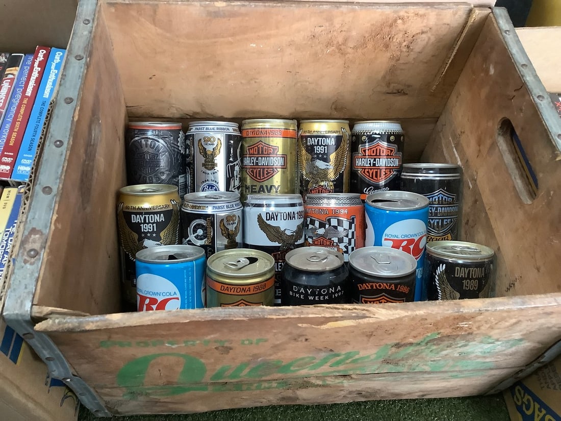 Vintage Wooden Crate with Harley Davidson Aluminum Bottles (some full): Vintage Wooden Crate with Harley Davidson Aluminum Bottles (some full)