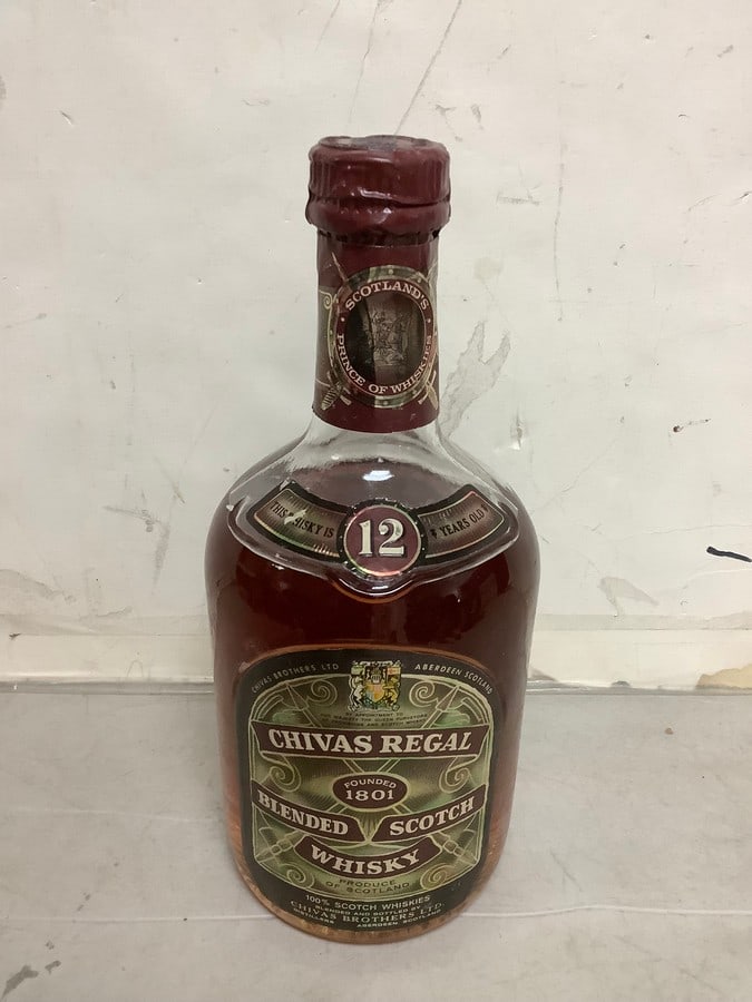 1950's/1960's Chivas Regal blended scotch whisky(mostly full): Any contents in bottle is Free; You are bidding on the bottle & unbroken tax stamp