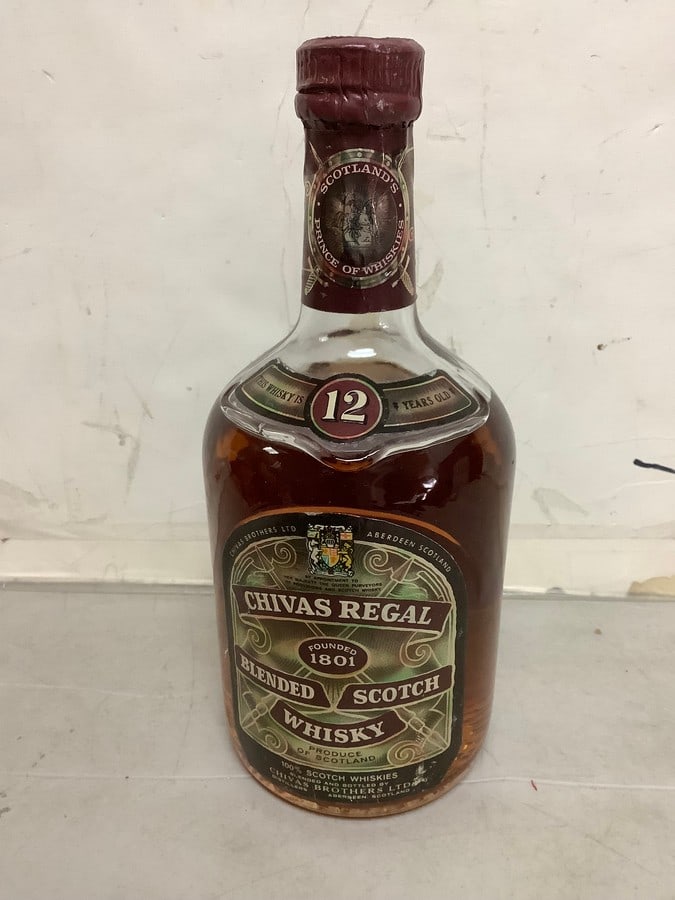 1950's/1960's Chivas Regal blended scotch whisky(mostly full): Any contents in bottle is Free; You are bidding on the bottle & unbroken tax stamp