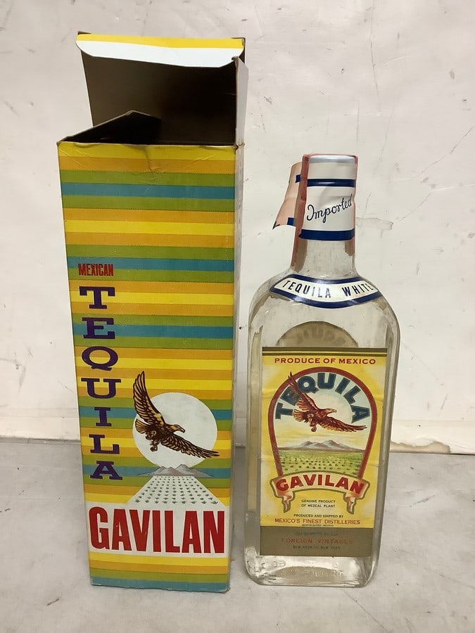 1950s/60s Tequila Gavilan 90 Proof 4/5 Qt (Sealed): Any contents in bottle is Free; You are bidding on the bottle & unbroken tax stamp