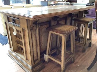 Hand painted Antique Walnut top Kitchen Island Made By Colonial Brazil (73in.x39in.x36in.) with