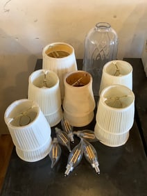 Various lampshades(one glass-9.25in.tall) and bulbs